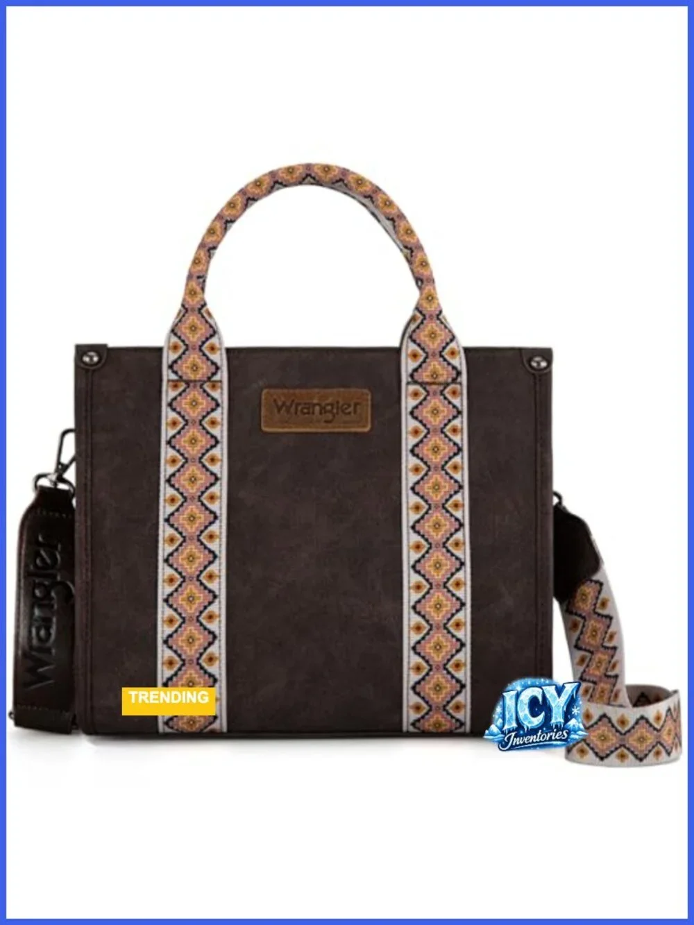 Wrangler Faux Leather Tote Satchel Crossbody Bag Aztec Woven Trim Zip Top